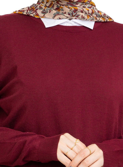Brick Red Round Knit Pullover - Khotwh